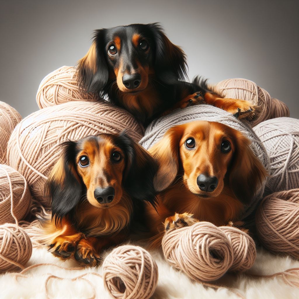 Three Dachshunds laying on yarn