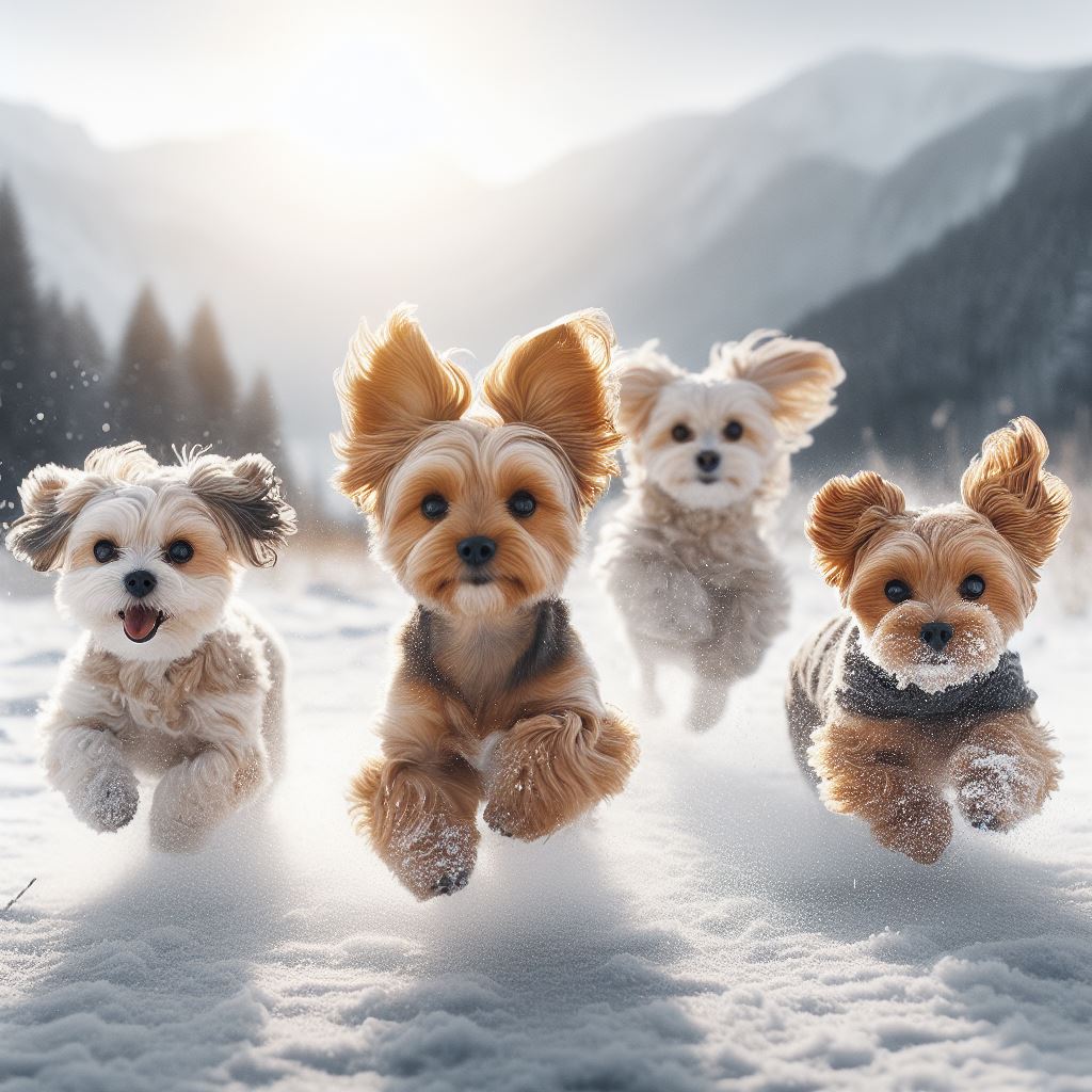Four small dogs running through snow