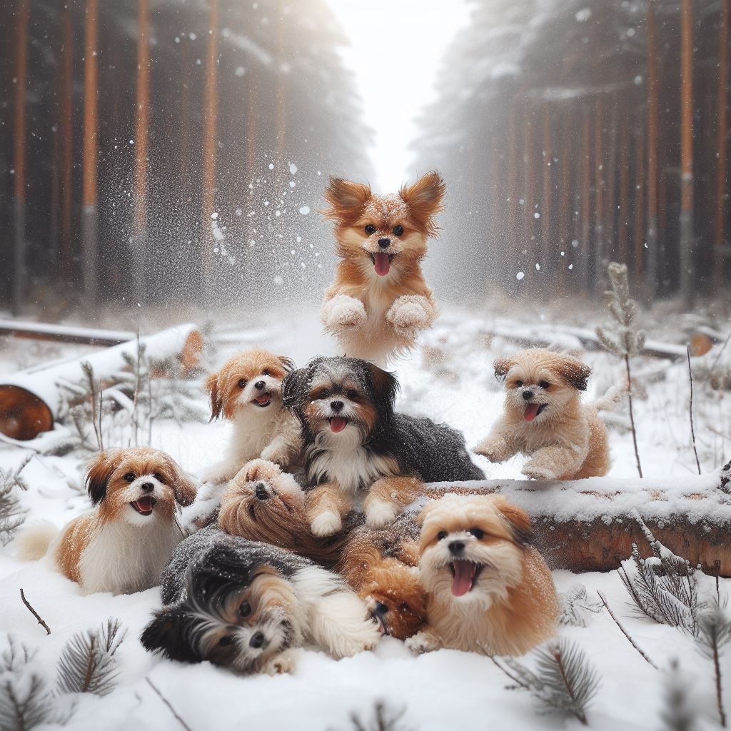 Small dogs playing in the snow.