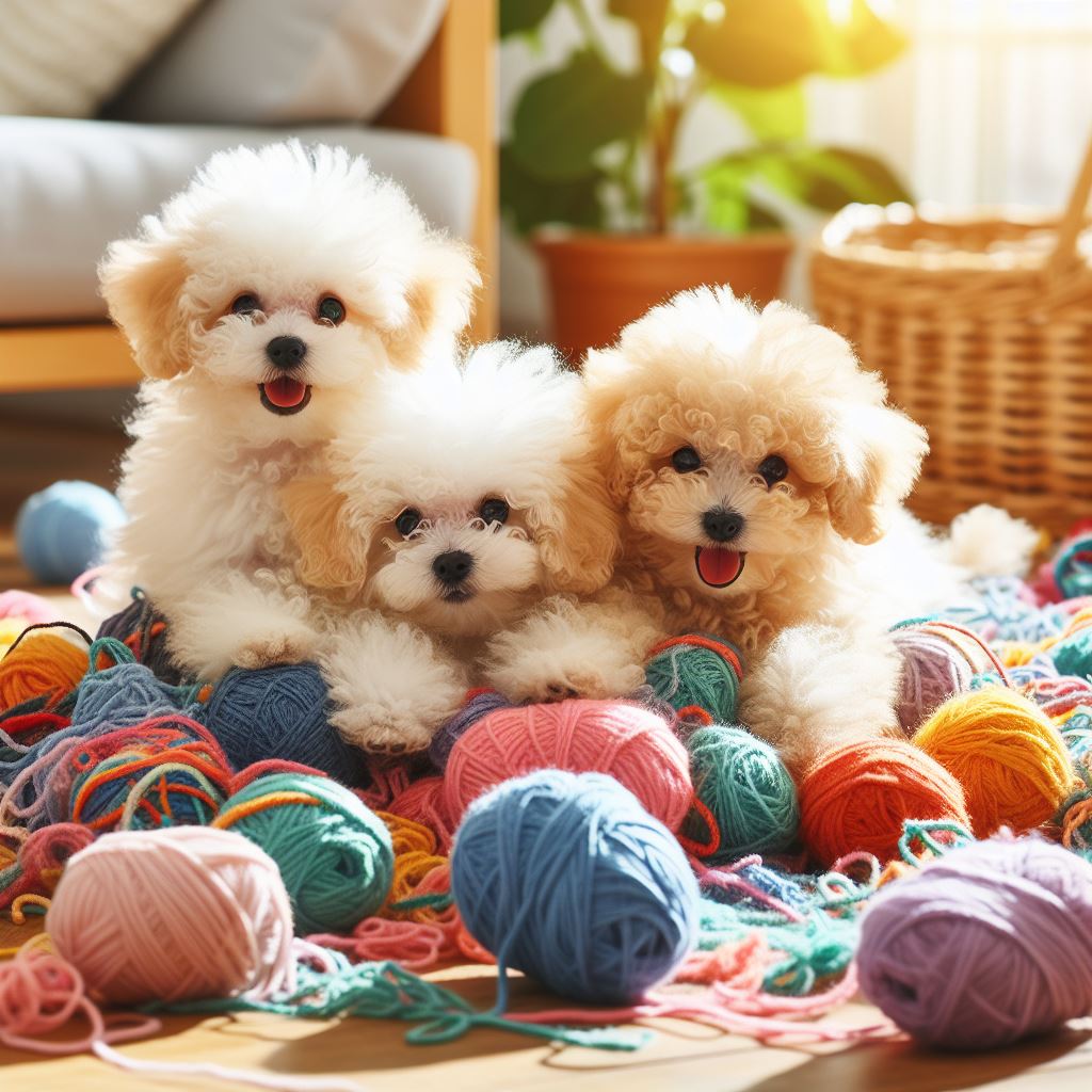 Three poodles sitting on yarn