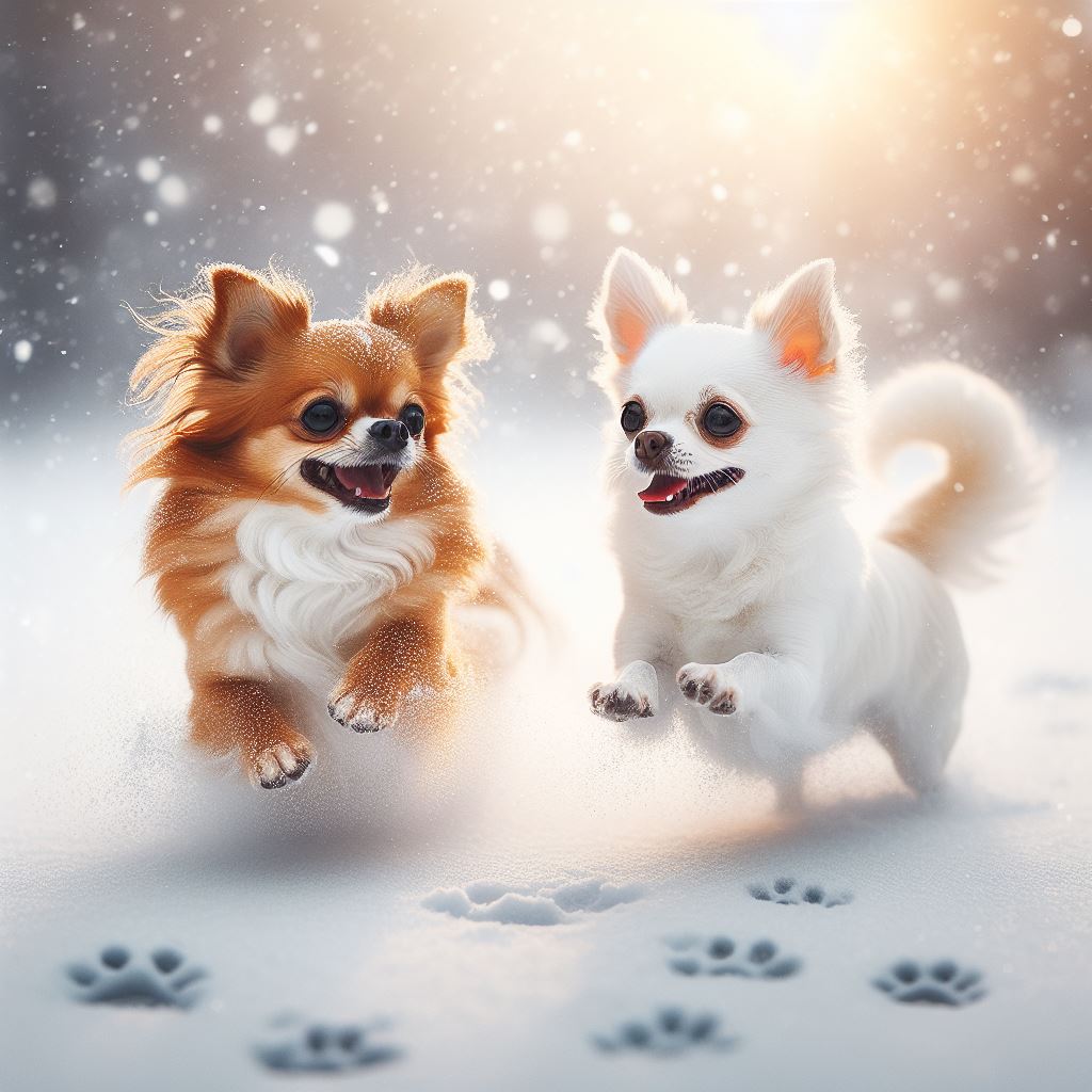 Two tiny dogs running in the snow